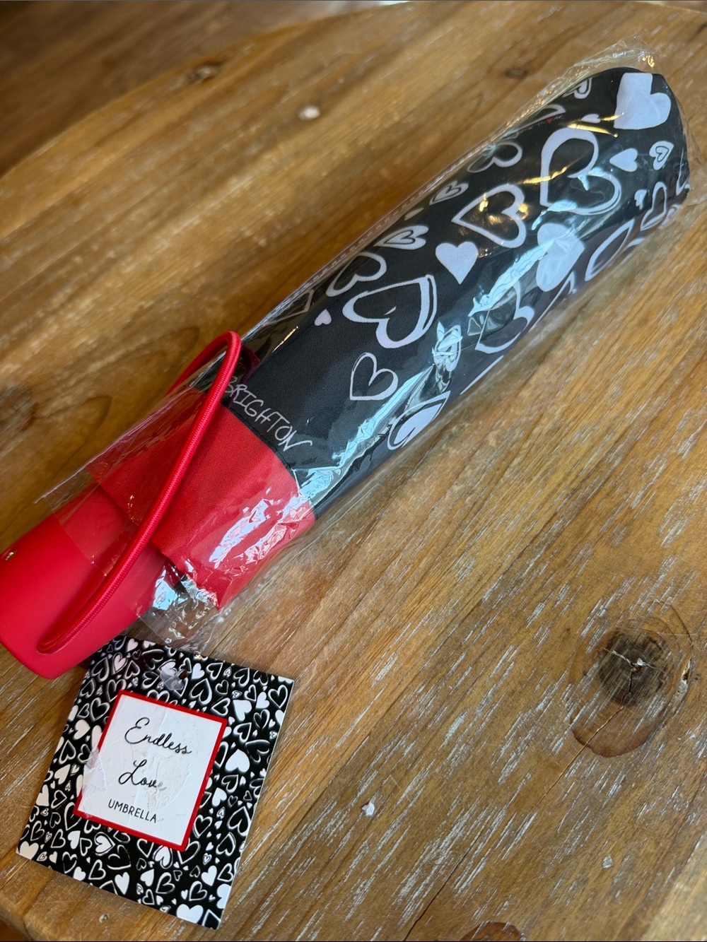 Brighton Endless Love Umbrella. Black & Red, Heart Print, Compact. New